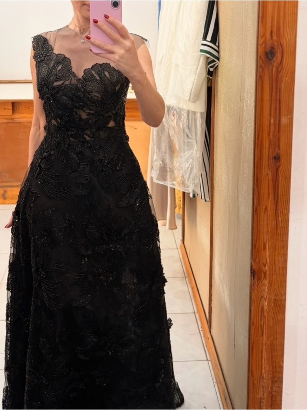 Elegant Black Beaded Illusion Neck A-Line Prom Gown